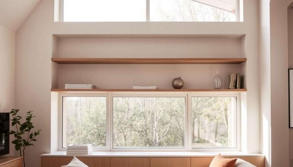 Shelves above a large window wall, perfectly integrated into the architectural design. The shelves are sleek and minimalist, crafted from light-toned wood, blending seamlessly with the neutral color palette of the room. Soft, diffused natural light filters through the windows, creating a cozy and inviting ambiance. The shelves are sparsely decorated with a few carefully curated items, allowing the clean lines and simplicity to shine. A sense of airy, uncluttered elegance pervades the scene, illustrating how elevated and seamless storage can enhance the cozy yet spacious feel of a small living room.