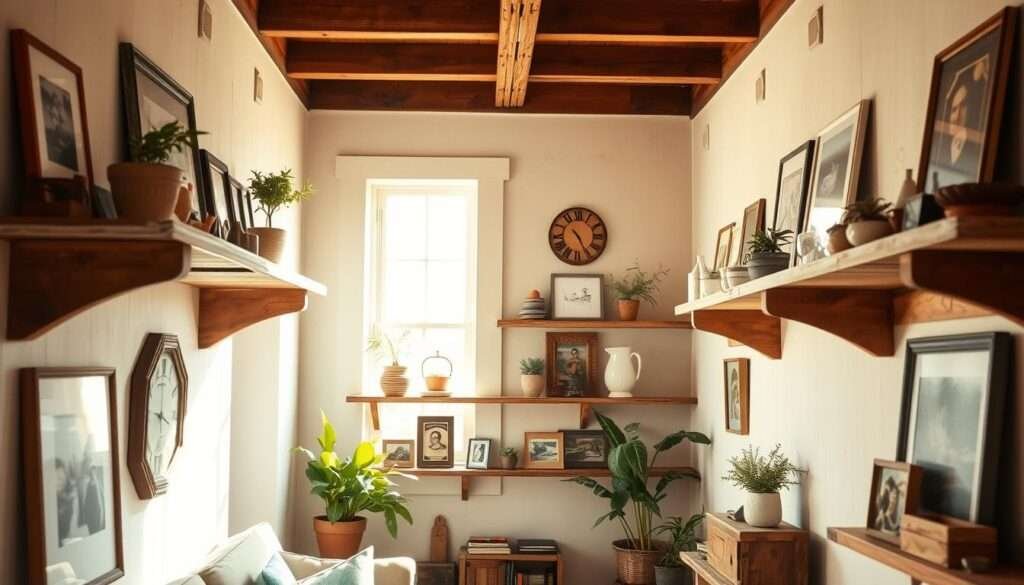 Shelves of a rustic farmhouse living room, bathed in warm, natural light. Sturdy, wooden shelves line the walls, adorned with an eclectic mix of vintage decor, potted plants, and framed artwork. The shelves create a harmonious balance between function and style, seamlessly blending into the room's cozy, inviting ambiance. The camera captures the shelves from a slightly low angle, emphasizing their presence and the sense of depth within the space. The overall composition conveys a charming, lived-in atmosphere, perfect for displaying treasured keepsakes and adding character to the small, yet welcoming farmhouse living room.