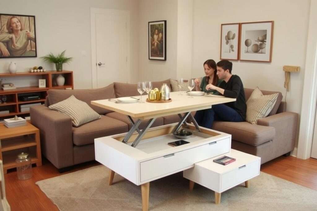 Small living room with a convertible coffee table that raises to dining height