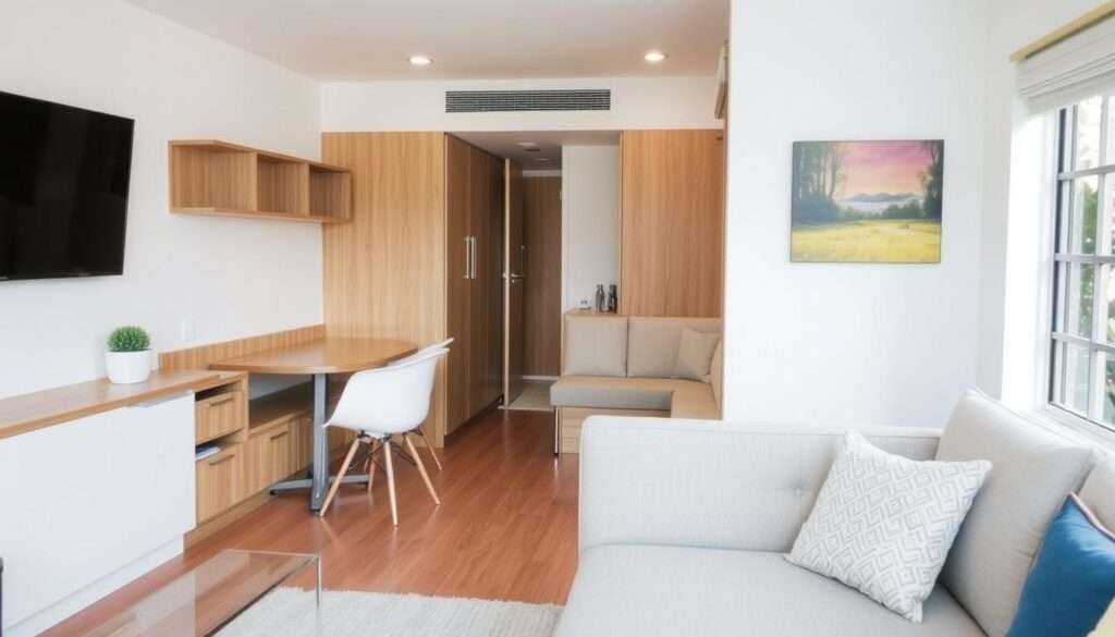 Small living room with a dining area featuring built-in banquette seating against a wall
