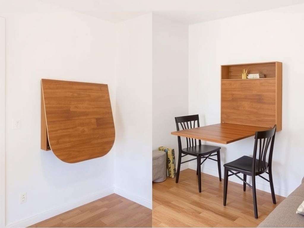 Small living room with a wall-mounted drop-leaf table that folds down when needed