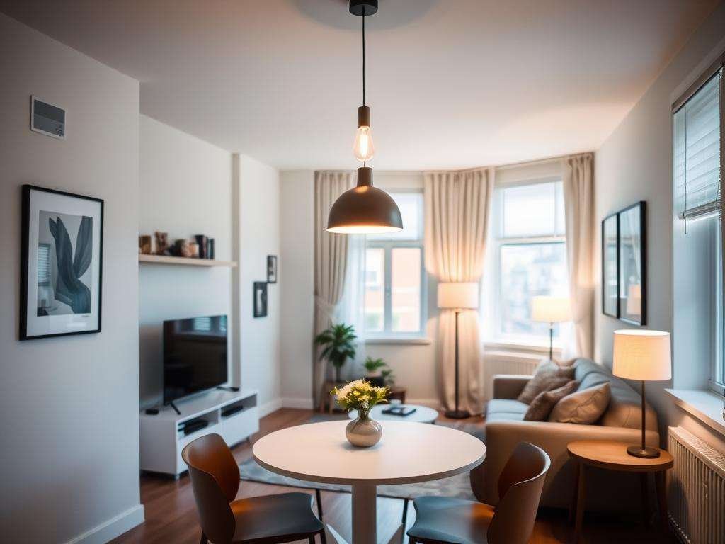 Small living room with dining area highlighted by a pendant light hanging above the table