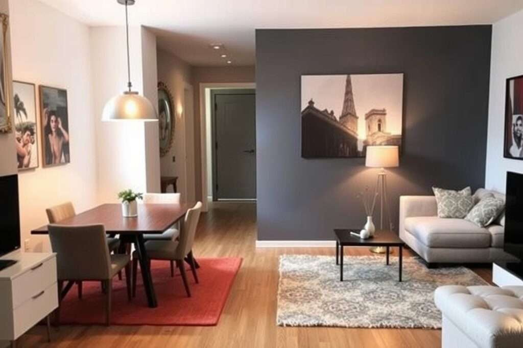 Small living room with dining area separated by a rug and pendant light