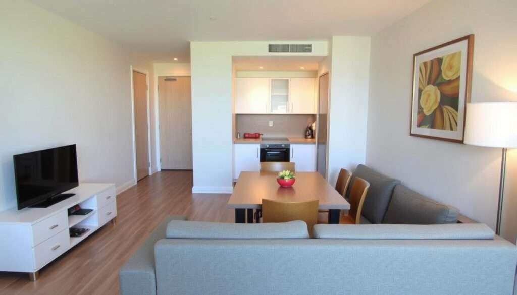 Small living room with dining table placed behind a sofa, creating two distinct zones