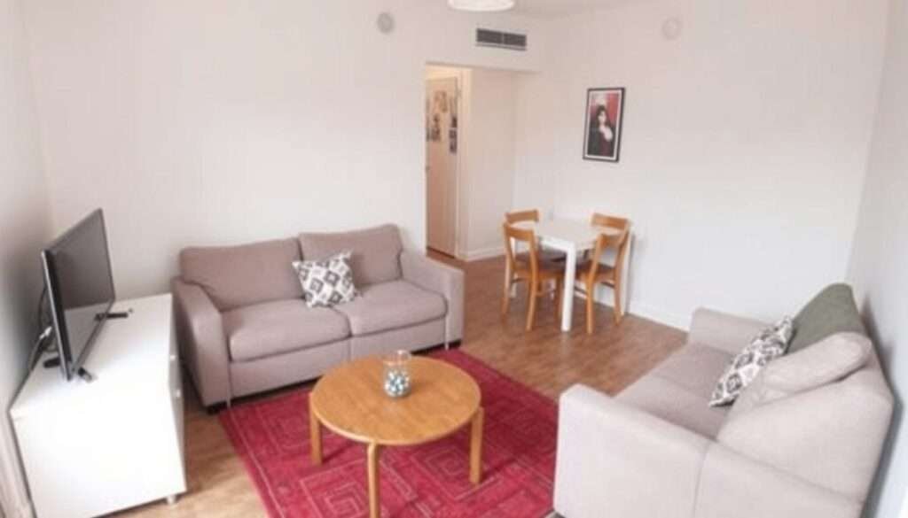 Small living room with furniture arranged diagonally to create space for a dining area