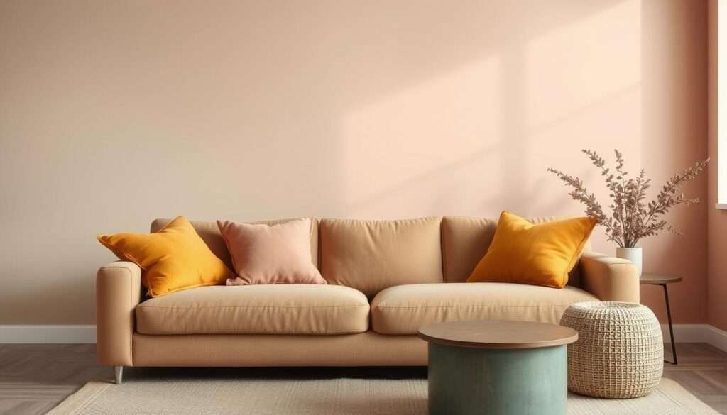 Soft, muted color palette with a harmonious blend of warm and cool tones. A curated selection of soothing hues like sage green, dusty rose, and muted mustard yellow, arranged in an elegant, balanced composition. Matte finishes and natural textures create a cozy, inviting ambiance. Gentle studio lighting accentuates the depth and nuances of the palette, evoking a serene, intimate mood perfect for a cozy living room. Subtle vignetting and a slightly soft, diffused focus draw the eye to the center of the frame, highlighting the harmonious color relationships.