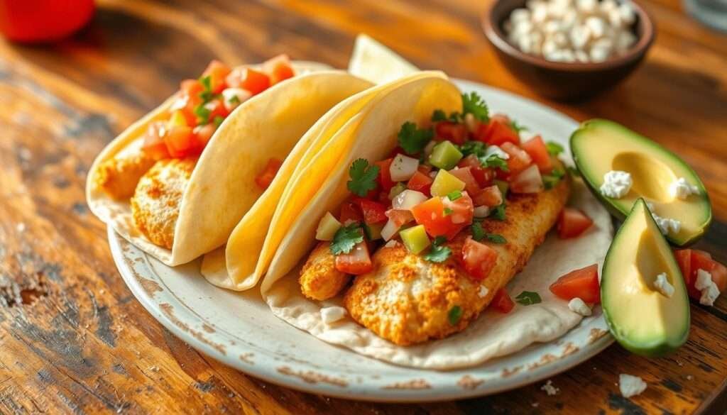 Succulent fish tacos on a rustic wooden table, glistening under warm, natural lighting. Tender white fish fillets, lightly breaded and fried to golden perfection, nestled in soft corn tortillas. Vibrant pico de gallo, with diced tomatoes, onions, cilantro, and a zesty lime squeeze, adorning the tacos. A side of fresh sliced avocado and a sprinkle of crumbled queso fresco complete the dish, evoking the flavors of a beachside taco stand. The scene exudes a casual, inviting atmosphere, capturing the essence of a quick, satisfying, and nutritious family meal.