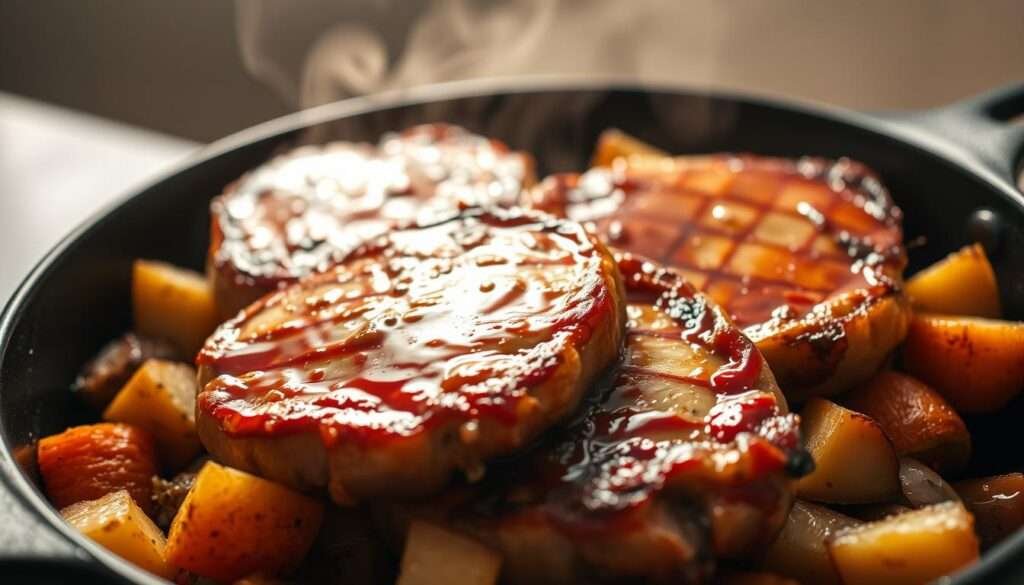 Succulent pork chops sizzling on a cast-iron skillet, bathed in a rich, glistening glaze. Tender, juicy meat caramelized to perfection, surrounded by a medley of roasted potatoes, carrots, and onions. Warm, inviting lighting casts a soft glow, heightening the appetizing aroma. The scene is captured from a low, close-up angle, drawing the viewer's attention to the mouthwatering details. A clean, minimalist background allows the star of the dish to shine, conveying a simple, fuss-free dinner idea.