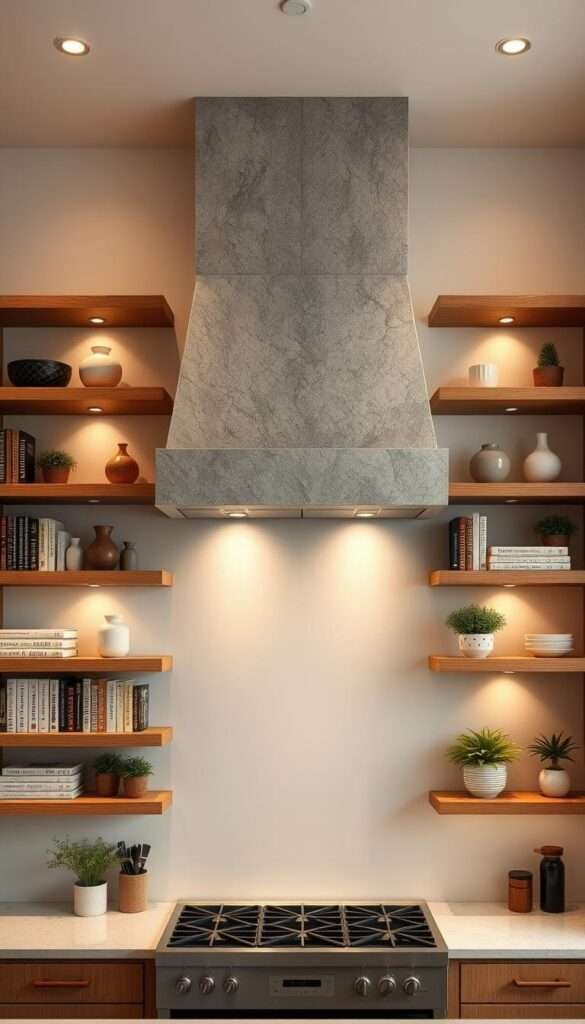 Symmetrical open shelving in a modern, minimalist kitchen, showcasing a striking stone range hood as the focal point. The shelves are neatly arranged, displaying a curated collection of cookbooks, decorative vases, and potted plants, creating a visually appealing and functional storage solution. Warm, diffused lighting from above casts a gentle glow, highlighting the natural textures and tones of the stone and wooden elements. The scene is captured from a slightly elevated angle, emphasizing the clean lines and balanced composition of the shelving system against the backdrop of a neutral-toned kitchen.
