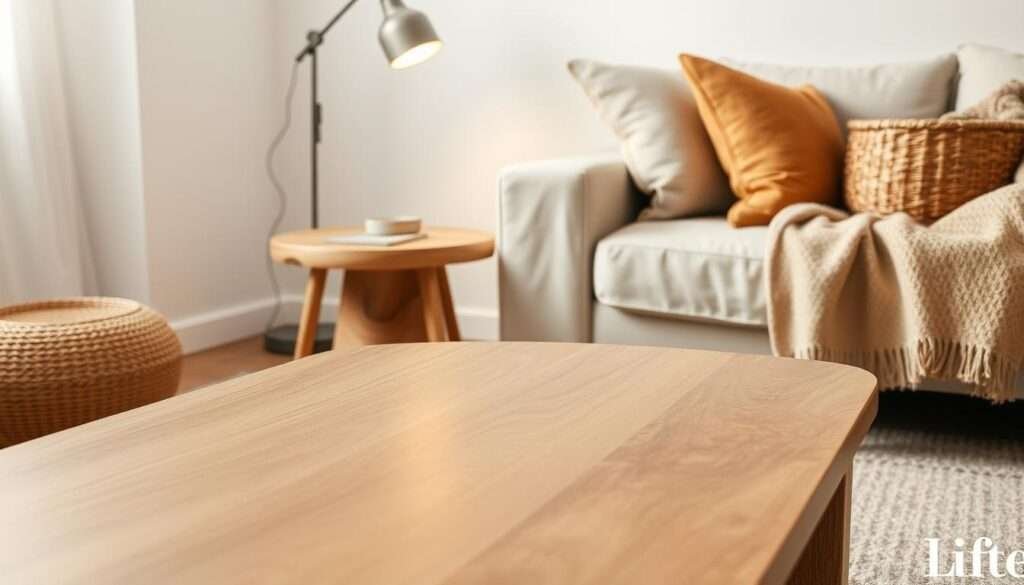 Textured minimalist decor with wood and linen, showcasing a warm and inviting living room scene. In the foreground, a sleek wooden coffee table with a smooth, natural grain, complemented by a cozy linen throw draped over a plush, neutral-toned sofa. The middle ground features a wooden end table with a textured, organic surface, paired with a warm, woven basket. Soft, diffused lighting from a minimalist, metal floor lamp casts a gentle glow, creating a calming ambiance. The background is a clean, white wall, adding a sense of simplicity and balance to the composition. This image reflects a harmonious blend of natural materials and minimalist design, evoking a serene and welcoming living space.
