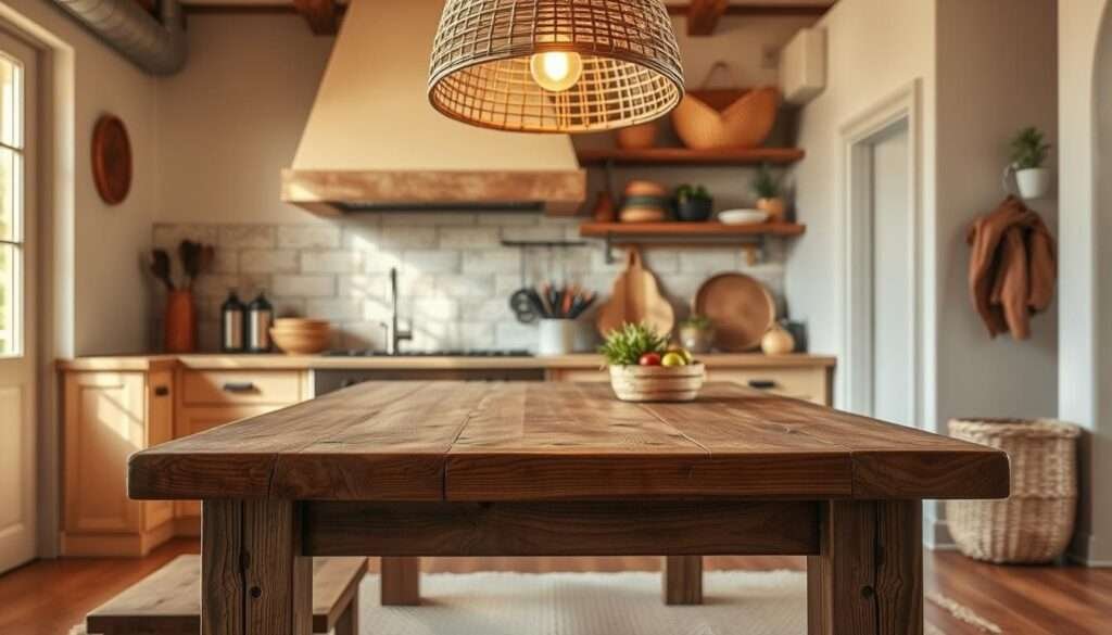 Textures that tell a story: a cozy kitchen with warm, earthy tones. The focal point is a rustic wood table, its grain and knots creating an organic, timeless feel. In the foreground, a rattan pendant light casts a soft, ambient glow, while a stone backsplash adds natural elegance. Complementing this, woven rattan baskets and a natural fiber rug bring in additional textures, creating a harmonious, bohemian-inspired space. The lighting is soft and diffused, enhancing the intimate, inviting atmosphere. Captured from a slightly elevated angle, the scene evokes a sense of coziness and lived-in charm.