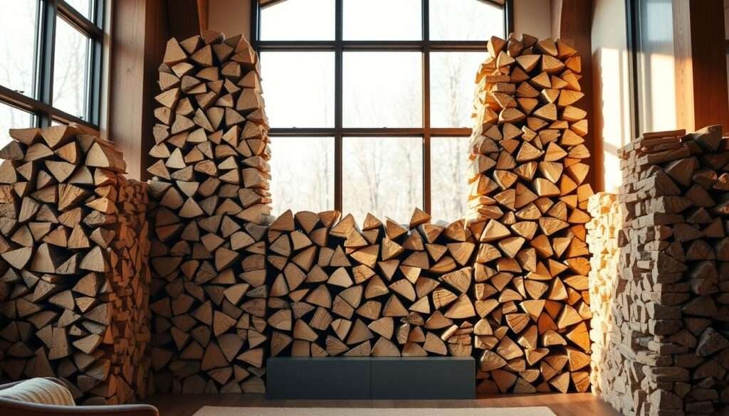Towering stacks of neatly arranged firewood, their rustic textures and warm hues serving as the focal point of a cozy, modern rustic living room. A soft, diffused light filters through large windows, casting a gentle glow on the wood and accentuating its natural beauty. The firewood towers are positioned in a symmetrical, visually striking arrangement, drawing the eye and inviting the viewer to imagine the crackling fire that will soon bring the space to life. Subtle details, such as the interplay of shadow and light, add depth and dimension to the scene, creating a sense of depth and inviting the viewer to step into the space.