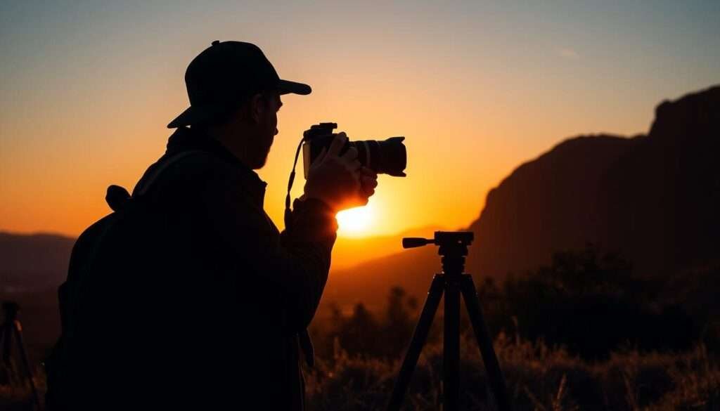 Travel photographer capturing golden hour landscape