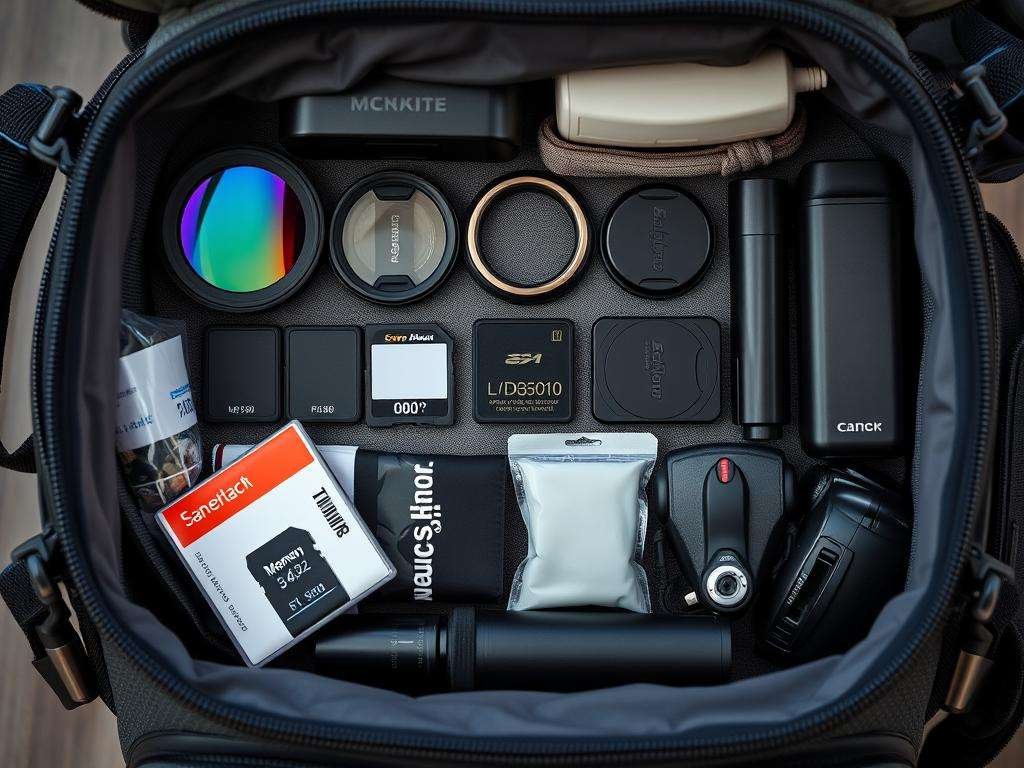 Travel photography accessories organized in camera bag
