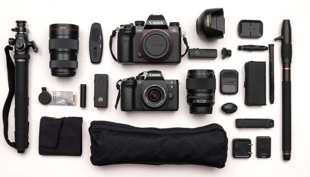 Travel photography gear essentials laid out for packing