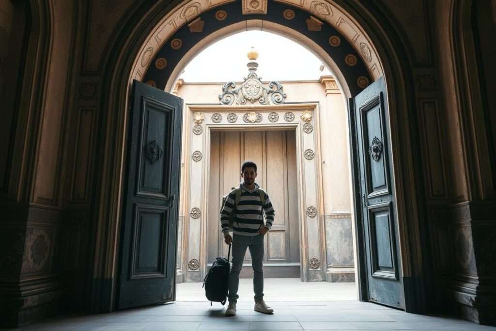 Travel photography pose: person framed by architectural doorway or arch
