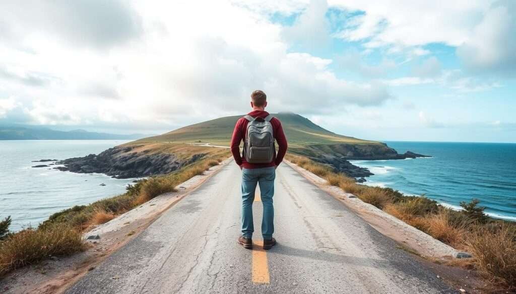 Travel photography pose: person positioned at end of leading line like path or road