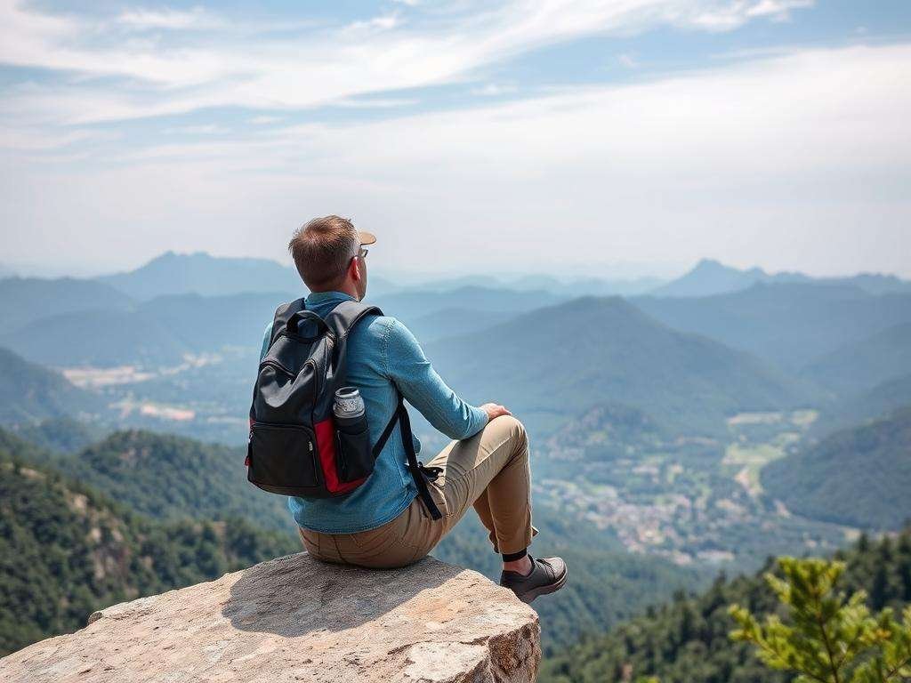 Travel photography pose: person sitting on ledge overlooking scenic view