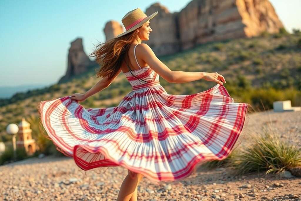 Travel photography pose: person twirling in a dress creating motion
