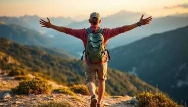 Travel photography pose: person walking away from camera with arms outstretched in scenic landscape