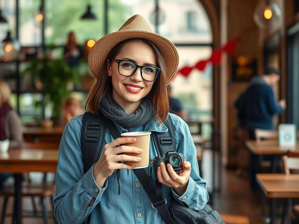 Travel photography pose: person with location-specific prop like coffee or camera