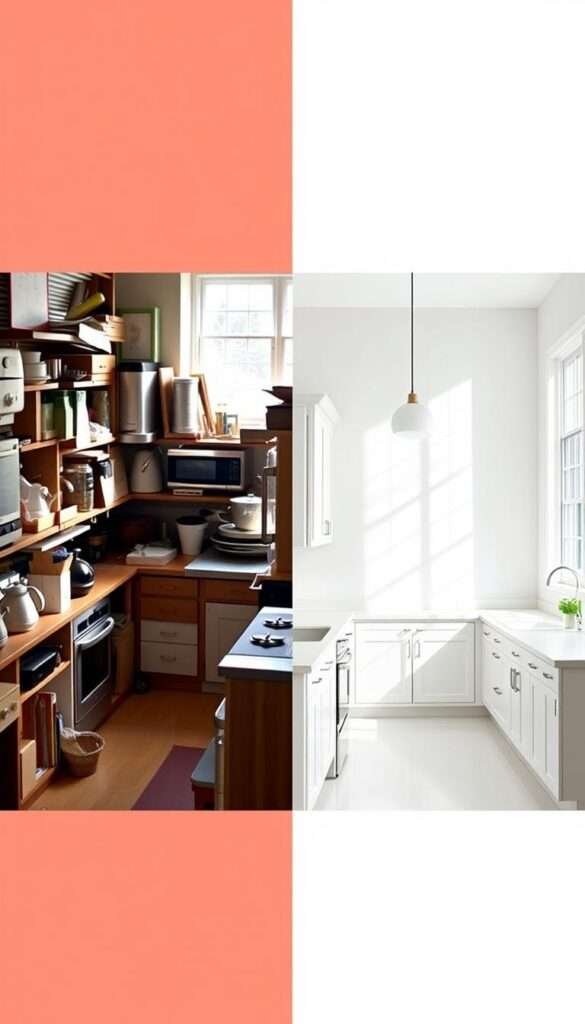 Two adjacent kitchens in a side-by-side comparison. On the left, a cluttered traditional kitchen with an abundance of cabinets, shelves, and countertop appliances. Warm lighting casts shadows in the crowded space. On the right, a serene minimalist kitchen with clean lines, sparse furnishings, and ample natural light flooding in from large windows. Sleek white cabinetry, a single central pendant light, and a simple backsplash create an airy, uncluttered atmosphere. The contrast highlights how a minimalist approach can maximize efficiency and space in the kitchen.