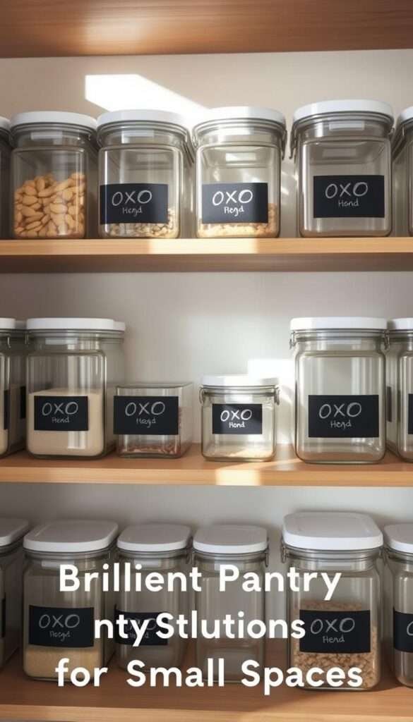 Uniform OXO brand glass storage containers with distinct chalk labels neatly arranged in an organized, minimalist pantry. Soft, natural daylight illuminates the scene, casting gentle shadows and highlighting the clean, crisp lines of the containers. The shelves are made of natural wood, adding warmth to the otherwise monochromatic palette. The containers are perfectly aligned, creating a visually appealing and highly functional storage solution for a small kitchen space. The overall atmosphere is one of simplicity, order, and efficiency - reflecting the "Brilliant Pantry Solutions for Small Spaces" theme.