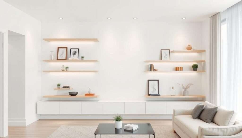 Vertical wall storage solutions: a sleek, minimalist arrangement of floating shelves in a bright, airy living room. Crisp, clean lines and neutral tones create a serene, uncluttered ambiance. Soft, even lighting from recessed fixtures gently illuminates the shelves, displaying a thoughtful curation of decor and personal items. The shelves appear to seamlessly integrate into the wall, maximizing vertical space without visual clutter. A modern, Scandinavian-inspired design aesthetic permeates the scene, highlighting the beauty of simplicity and function.