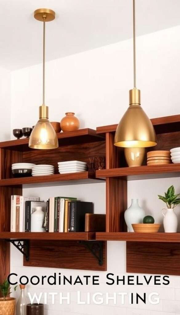 Walnut shelves with visible wood grain, meticulously crafted with clean lines and gentle curves, mounted on a white wall. Brass pendant lights with a sleek, minimalist design hang above, casting a warm, diffused glow that complements the rich, earthy tones of the wood. The shelves display a curated selection of decorative objects, cookbooks, and potted plants, creating a harmonious and inviting kitchen vignette. The overall atmosphere is one of refined elegance and effortless functionality, perfectly capturing the essence of the "Coordinate Shelves With Lighting" section.