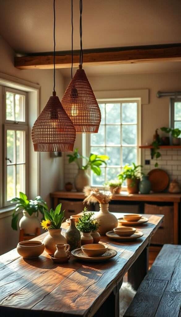 Warm, ambient boho kitchen with pendant lights in natural rattan or woven material, casting a soft, cozy glow over a rustic wooden table set with earthy ceramics and lush greenery. The lighting fixtures have an organic, handcrafted aesthetic that complements the eclectic mix of textures and tones in the space. Abundant natural light streams in through large windows, illuminating the overall relaxed, inviting atmosphere. Gentle shadows and highlights accentuate the bohemian charm, creating a welcoming, lived-in vibe.