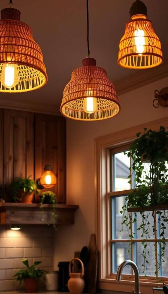 Warm, ambient lighting casts a cozy glow over a boho-inspired kitchen, bathing the space in a soft, inviting ambiance. Rustic, woven pendant lamps hang from the ceiling, their natural textures and neutral tones complementing the earthy, eclectic aesthetic. A mix of exposed bulbs and dimmable fixtures create a layered, intimate atmosphere, perfect for setting the mood. Burnished metal sconces flank a large window, casting a gentle illumination that highlights the rich, weathered wood cabinets and the lush, trailing plants cascading from shelves. The overall effect is a harmonious blend of bohemian charm and modern sophistication, creating a welcoming, comfortable kitchen space.