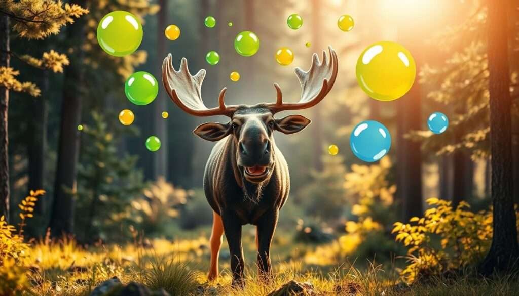 Whimsical moose in a lush forest clearing, standing in a halo of soft, diffused natural light. The moose's mouth is open in a comical expression, surrounded by a colorful swirl of vibrant, cartoonish fart bubbles in shades of green, yellow, and blue. The bubbles float upwards, creating a playful, lighthearted atmosphere. The scene has a warm, inviting color palette with rich, earthy tones complementing the vibrant fart bubbles. The overall composition is balanced and visually engaging, drawing the viewer's attention to the humorous, yet endearing moose at the center of the frame.