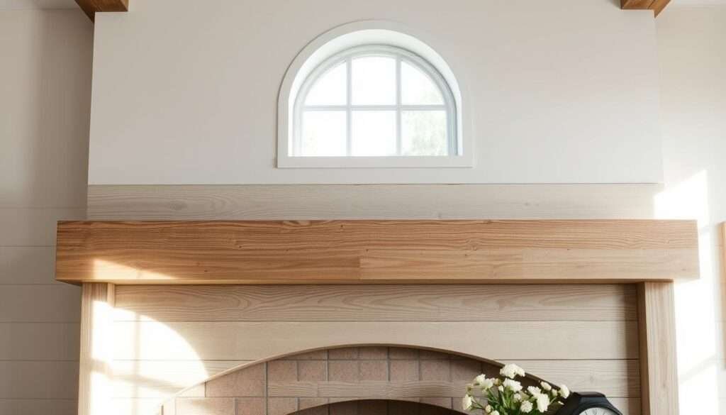 a beautifully arched fireplace mantel with intricate, overlapping shiplap panels in a warm, rustic farmhouse style. The mantel has a gentle curved shape, creating soft architectural interest. Sunlight streams in from a window above, casting gentle shadows across the textured wood. The shiplap is weathered and distressed, with natural variations in tone and grain that add depth and character. The mantel is set against a backdrop of white walls, allowing the wood to take center stage. Subtle styling elements like a vase of freshly cut flowers or a decorative clock complete the cozy, inviting scene.