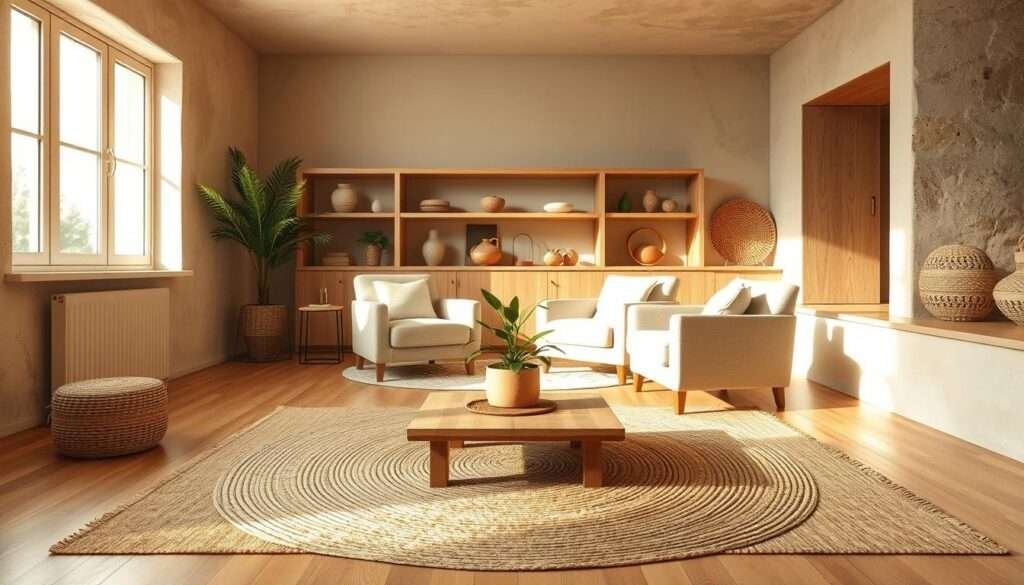 a cozy minimalist living room with natural materials, warm lighting, and a harmonious flow. in the foreground, a woven natural fiber area rug covers the hardwood floor, with a low wooden coffee table and a potted plant in the center. the walls feature earthy-toned plaster or stucco, with a large window letting in soft, diffused daylight. in the middle ground, two comfortable armchairs upholstered in linen or cotton sit facing each other, creating an intimate conversation area. the background showcases natural wood shelving or built-in cabinetry, displaying artisanal ceramic vases, woven baskets, and other decorative natural elements. the overall atmosphere is one of tranquility, simplicity, and a connection to the natural world.