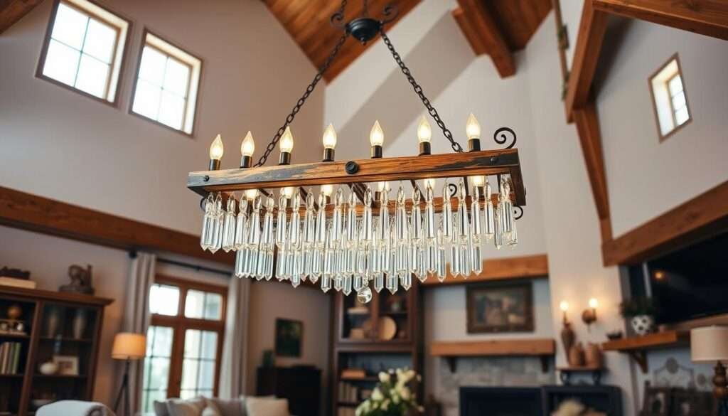 a detailed chandelier with a rustic farmhouse aesthetic, hanging prominently in a spacious living room with warm lighting, wooden beams, and natural textures. the chandelier features a linear design with a mix of wrought iron and warm-toned wood, accentuated by several tiers of cascading glass or crystal elements that gently illuminate the space. the surrounding decor includes cozy furniture, earthy tones, and organic accents that complement the chandelier's classic yet modern farmhouse style. the overall scene conveys a sense of refined elegance and timeless charm suitable for a high-ceilinged living room in a picturesque farmhouse setting.