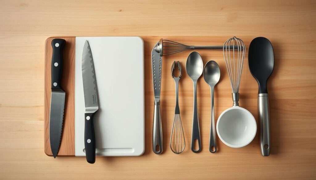 a detailed still life arrangement of various cooking tools and utensils for food preparation, arranged neatly on a wooden surface, with a soft, even lighting illuminating the scene from above. the tools should include a chef's knife, a cutting board, a peeler, a whisk, a spatula, a spoon, and a small bowl, all positioned in a visually pleasing and organized manner. the background should be a simple, neutral color that allows the tools to stand out. the overall mood should convey a sense of precision, functionality, and the importance of having the right tools for the job.