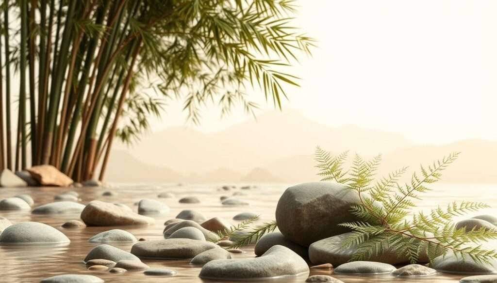 a lush, minimalist landscape with natural elements in soft, earthy tones. a serene foreground featuring smooth river stones and delicate ferns, framed by a middle ground of gently swaying bamboo stalks. the background showcases a tranquil, hazy mountain silhouette under a warm, diffused light. the composition is balanced and calming, evoking a sense of harmony between the natural world and a clean, uncluttered aesthetic.