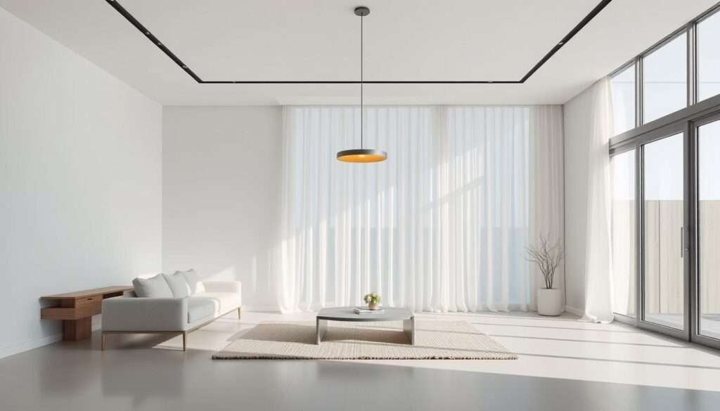 a minimalist living room with clean lines, muted tones, and a focus on natural light. a large window with sheer curtains floods the space with soft, indirect illumination. a low-profile sofa and coffee table are arranged to maximize the sense of openness. the lighting consists of a single, sleek pendant fixture suspended from the ceiling, casting a warm, even glow. the overall atmosphere is one of calm, serenity, and elegant simplicity.