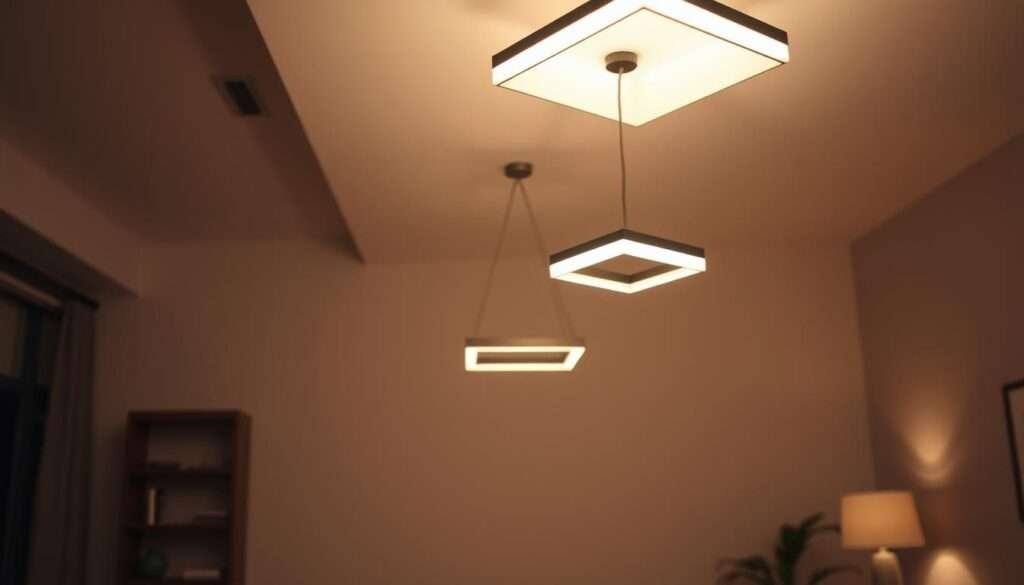 a minimalist living room with sleek, modern lighting fixtures suspended from the ceiling, casting a soft, diffused glow throughout the space. The fixtures are simple, geometric shapes in muted, neutral tones that seamlessly blend with the room's minimalist aesthetic. The lighting is well-positioned to illuminate key areas of the living room, creating a warm and inviting ambiance. The camera is angled to capture the fixtures from a slightly elevated perspective, emphasizing their clean, linear design. The overall mood is one of understated elegance and calm, perfectly complementing the minimalist decor of the living room.