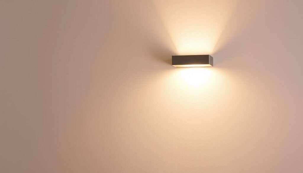 a minimalist wall-mounted lighting fixture with a sleek, modern design. the light source is concealed, creating a soft, diffused illumination that gently washes the wall in a warm, ambient glow. the fixture is made of high-quality materials such as aluminum or brushed steel, with a clean, geometric shape that blends seamlessly into the wall. the lighting is positioned to highlight the textures and shadows on the wall, adding depth and visual interest to the space. the overall effect is one of understated sophistication and elegant simplicity, perfectly complementing a minimalist living room decor.