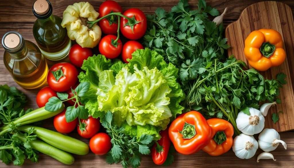 a neatly arranged still life of various ingredients, including fresh seasonal produce such as ripe tomatoes, crisp lettuce, vibrant bell peppers, and fragrant herbs, accompanied by pantry staples like olive oil, garlic, and a rustic wooden cutting board; the scene is illuminated by soft natural light, creating a warm and inviting atmosphere that accentuates the colors and textures of the ingredients, conveying a sense of simplicity and wholesome culinary potential