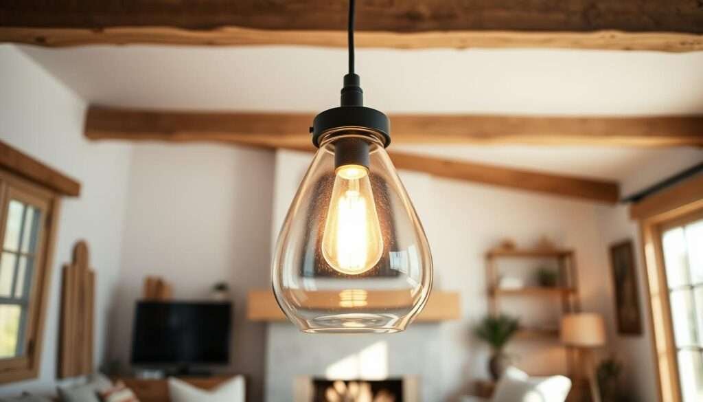 a pendant light with a clear glass shade, illuminated by warm diffused light, suspended from a matte black metal frame in a rustic farmhouse-style living room, the glass casting soft shadows on the surrounding walls, creating a cozy and inviting atmosphere, the pendant's clean lines and minimalist design complementing the room's natural wood accents and neutral color palette, the light fixture positioned at an angle to draw the eye upwards, shot from a low angle to emphasize its architectural elegance