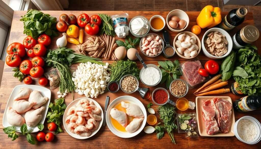 a table with rows of various cooking ingredients neatly arranged on a wooden surface, with natural lighting from the side, the ingredients include fresh vegetables such as tomatoes, onions, garlic, bell peppers, herbs like basil and parsley, as well as proteins like chicken, shrimp, and beef, spices, oils, and other pantry staples, the table has a rustic, minimalist aesthetic with a sense of order and simplicity, the focus is on the ingredients themselves, without any distracting backgrounds or text overlays.