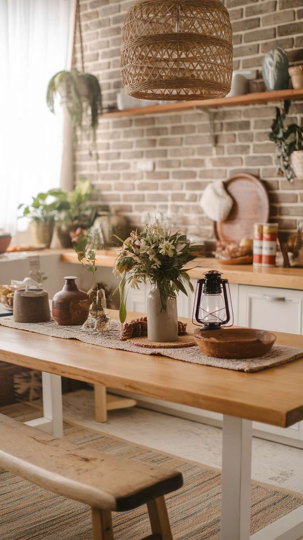 A rustic kitchen table with a woven table runner, decorative pottery, and a vase of flowers.