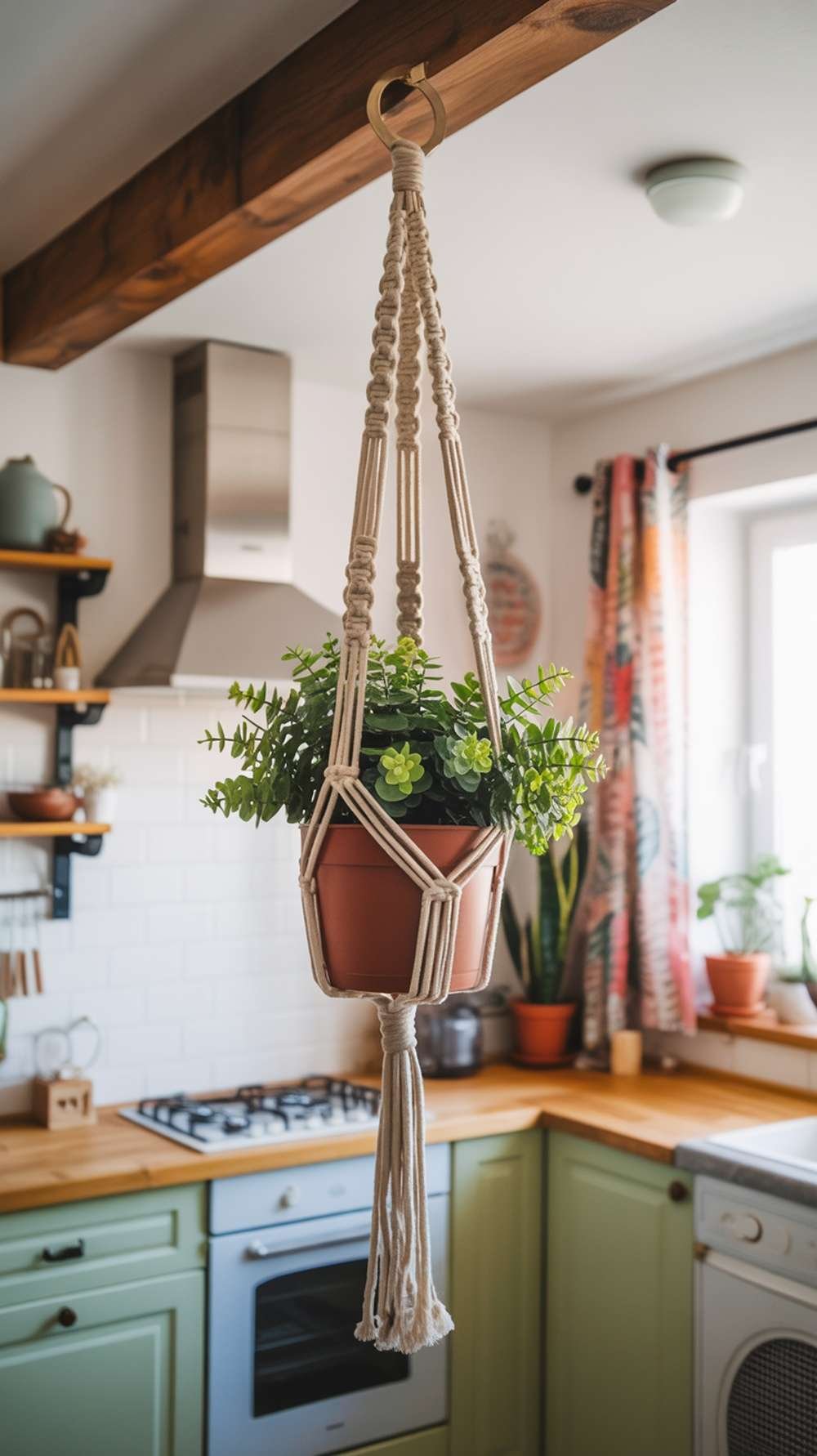 A macrame plant hanger with a green plant in a modern boho kitchen setting.