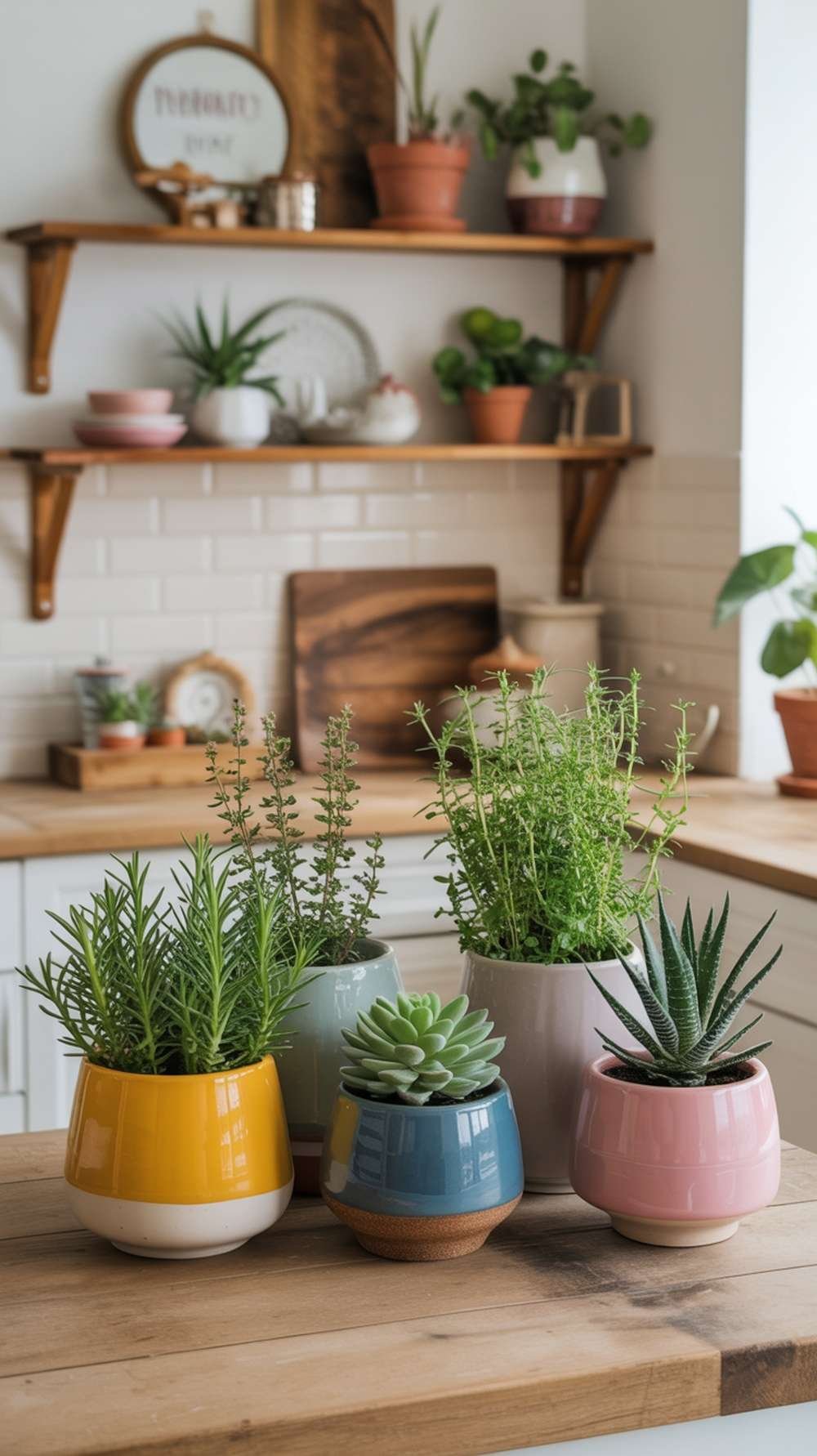A collection of colorful ceramic planters with various plants on a wooden kitchen table.