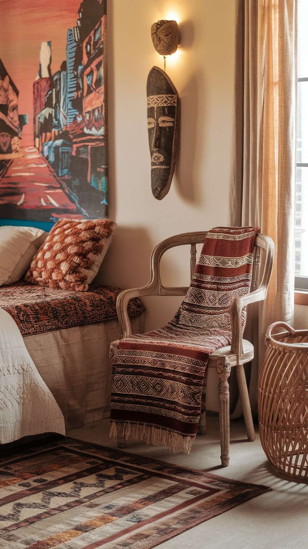 A cozy bedroom corner featuring a patterned throw on a chair, vibrant artwork, and cultural decor elements.
