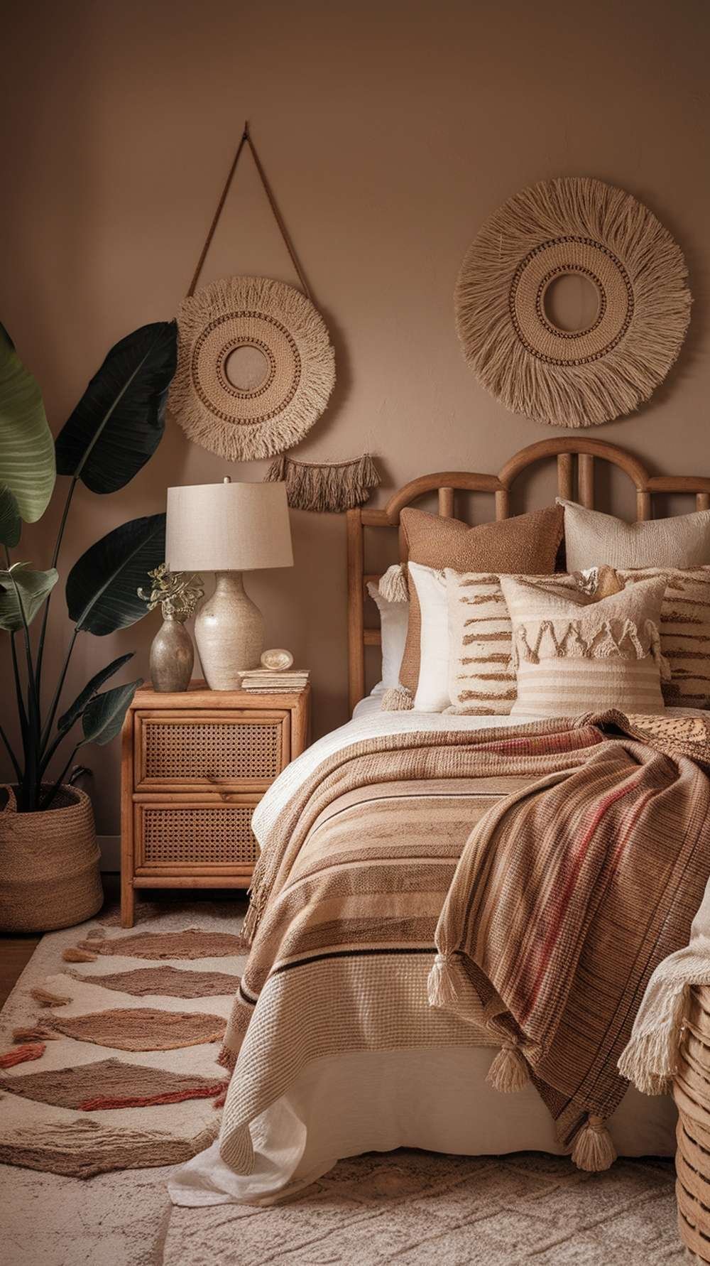 A warm bedroom with a bohemian aesthetic featuring a bed with textured pillows, matching nightstands, and woven wall decor.