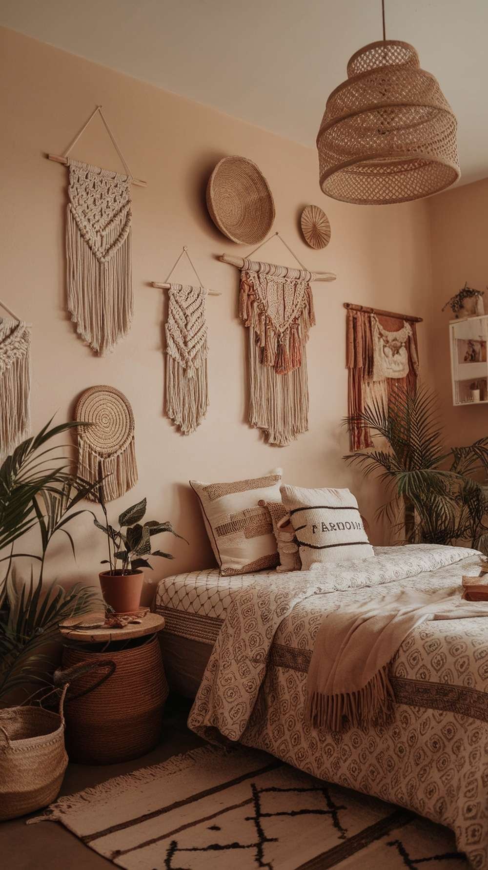 A warm bedroom with macramé wall hangings, woven baskets, and cozy textiles.