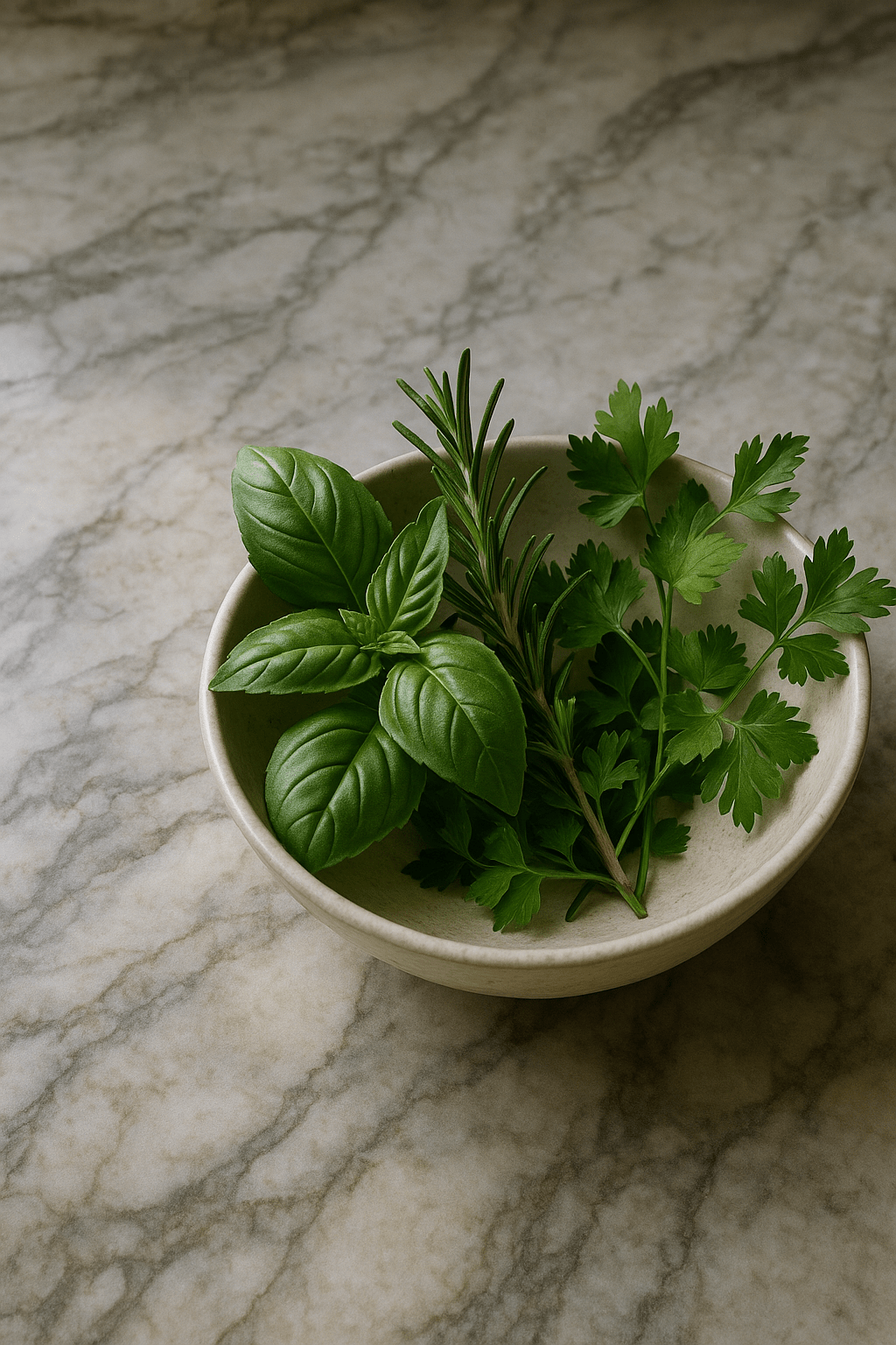 A bowl of fresh herbs on a beautiful stone countertop with natural veins.